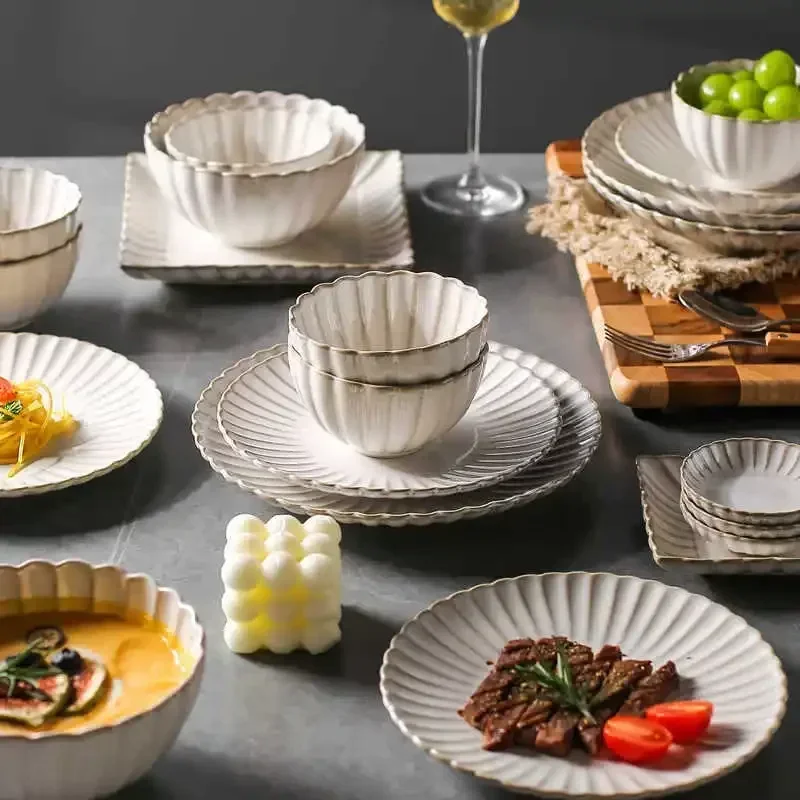 White Chrysanthemum Shaped Dinner Ceramic Sets Bowl Plates Dish Porcelain Dinnerware For Set Household Hotel