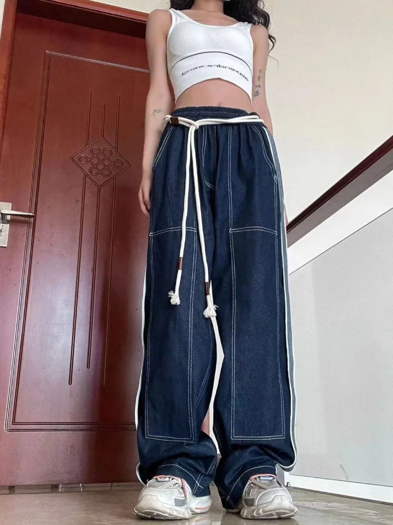 Vintage Panel Wash Jeans High Street Loose Drawstring High Waist Jeans Oversized Fashion Casual Street Hip Hop Straight Jeans