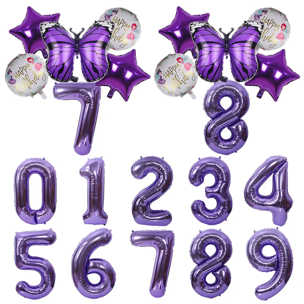 

Purple Butterfly Balloons with 40inch Giant Purple Number Balloons Happy Birthday Globos Children's Girls Birthday Decorations