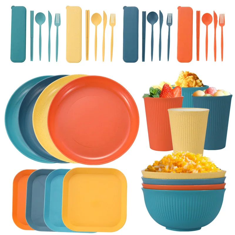 36PcssetCampingTablewareSetWheatStrawCutlerySetCampingDishes