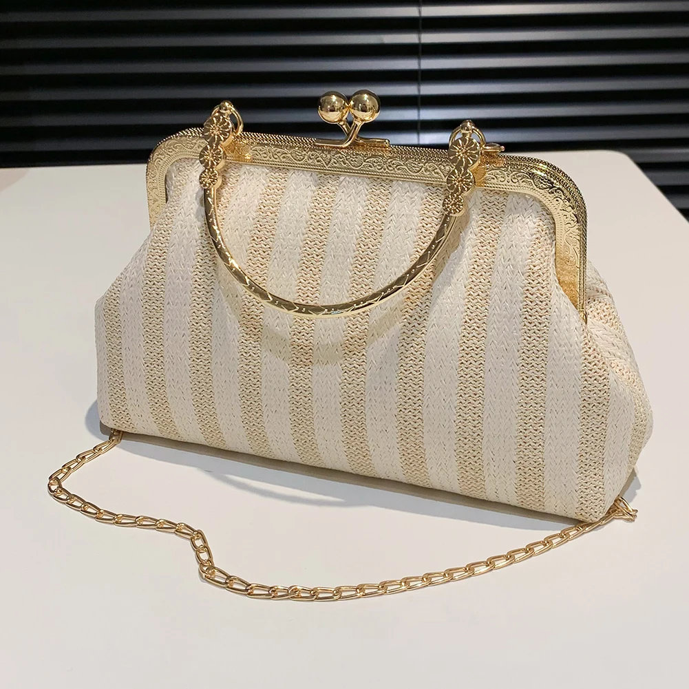 Women Exquisite Evening Bag Gold Chain Party Banquet Straw Handbag