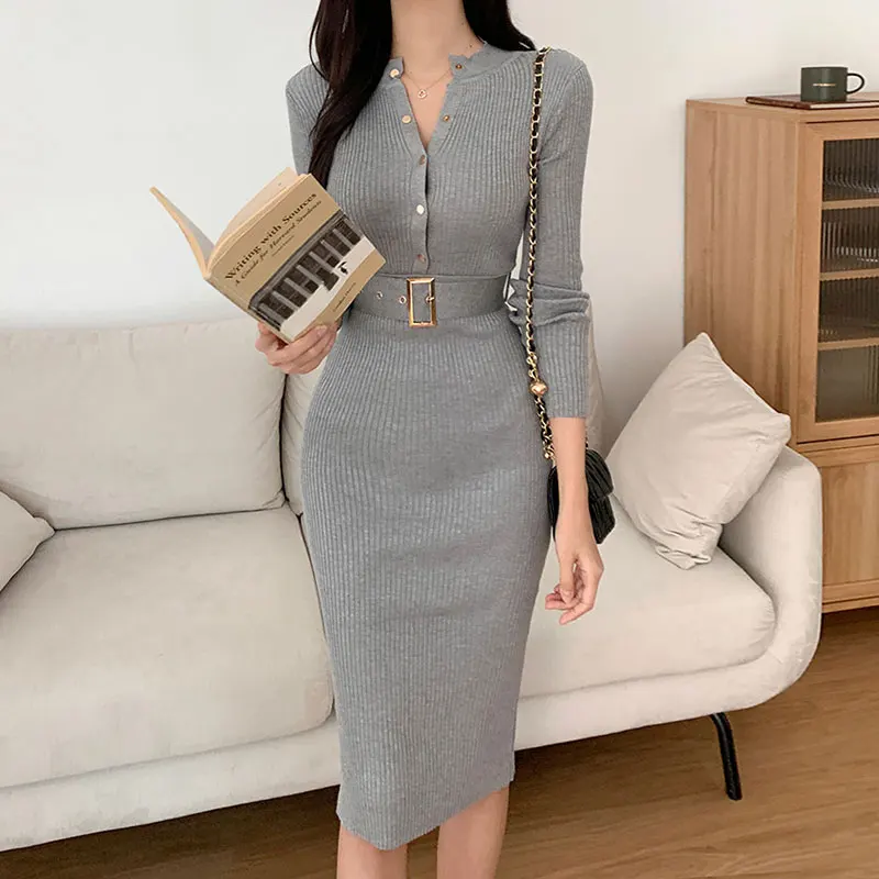 

Clothland Women Sexy Knitting Dress V Neck Belt Long Sleeve Stretchy Sheath Female Chic Mid Calf Dresses Vestido Midi QD254