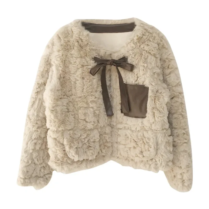 New Fashion Simple Versatile Warm Korean Version Fresh Bow Tie with Sweet and Cute Top Show High Plush Soft Cute Warm Short Coat