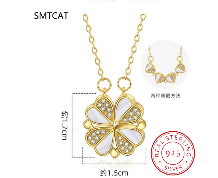 Trendy Magnetic Sterling Silver 925 Zircon Heart Four-leaf Clover Pendant Necklace Women Summer Fine Jewelry Birthday Gift pendant necklace silver necklace silver pendant