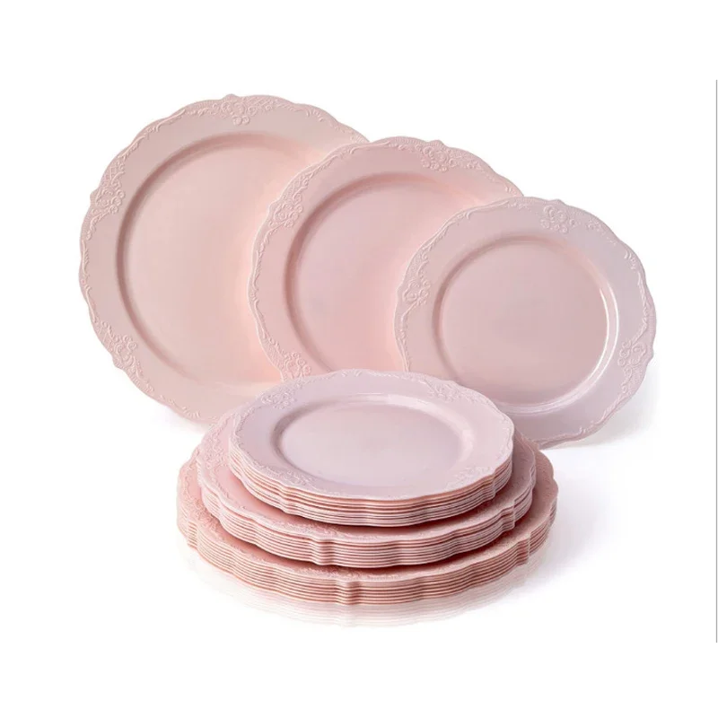 25pcs/Lot Disposable Dinner Plates Embossed Pink Plastic Ps