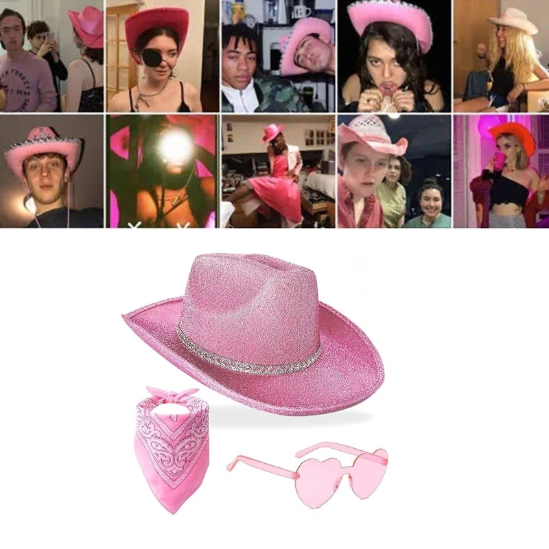 Glittering Cowboy Hat Bandana Sunglasses Costume for Women Men Musical Festival Dress Up Bachelorette Party Props