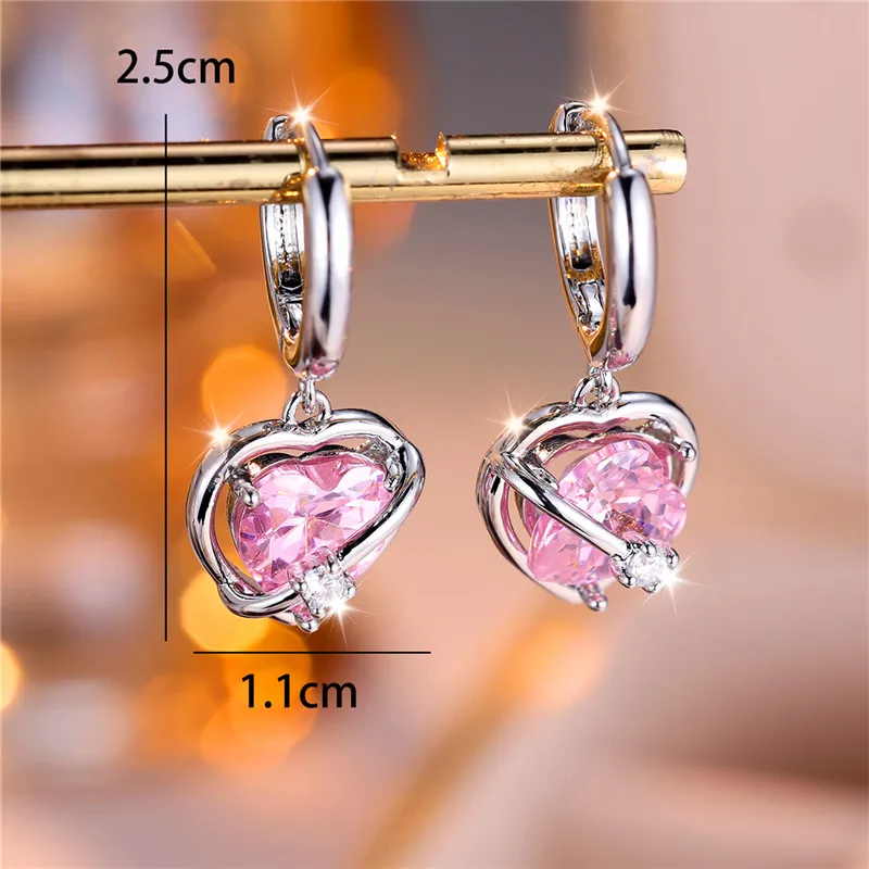 Female Crystal Pink Zircon Stone Heart Dangle Earring Cute Tassel Long Wedding Jewelry For Women