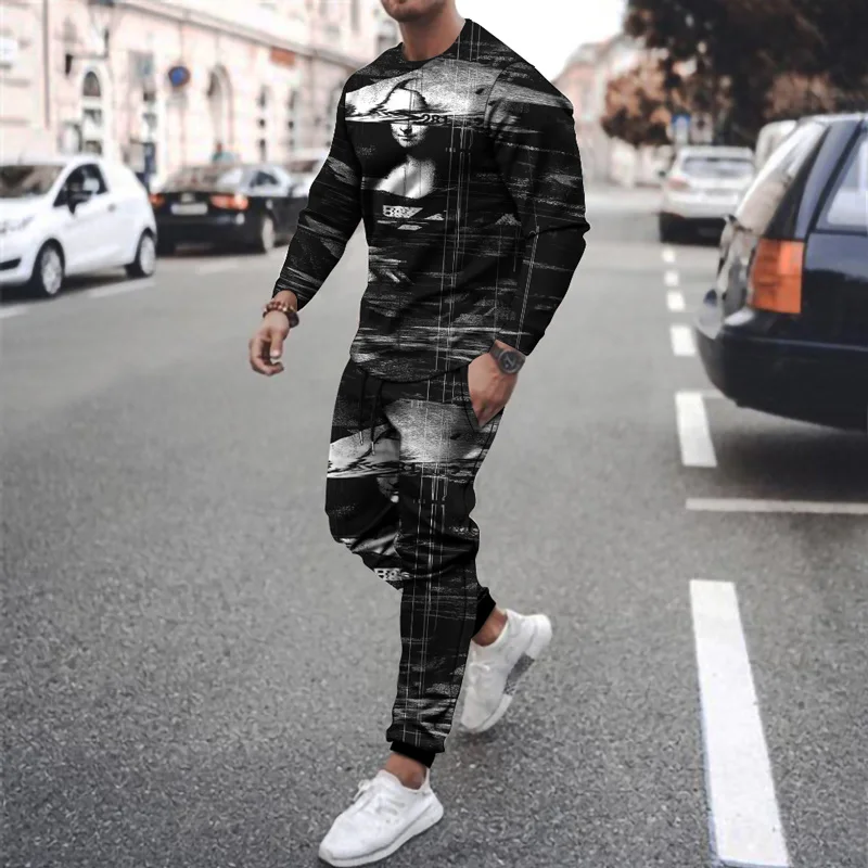 2022 New Summer Oversized T-shirt Brand Men's Pants Suit Street Sportswear Men's 3D Printing Trend Long-sleeved T-shirt Set