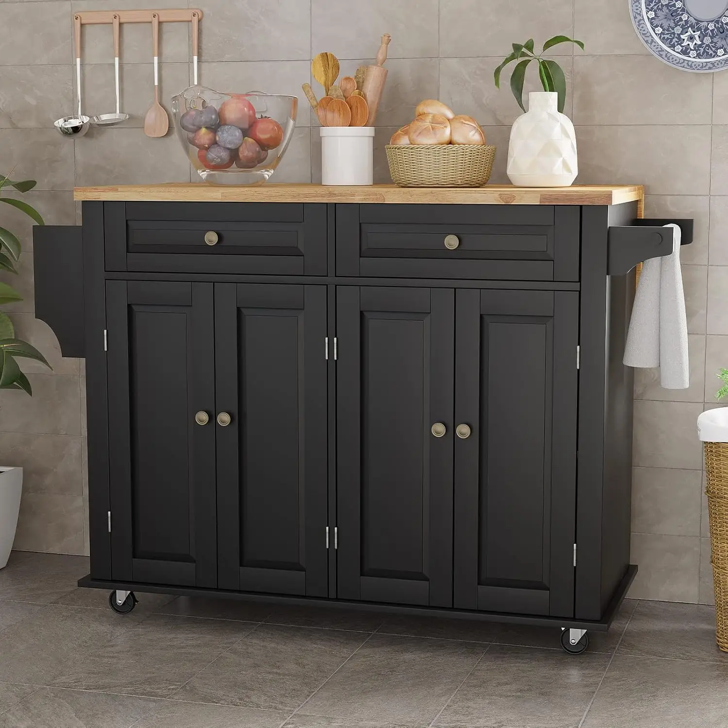Kitchen Island with Drop Leaf Movable Kitchen Carts on Wheels Island with Storage Cabinet Table