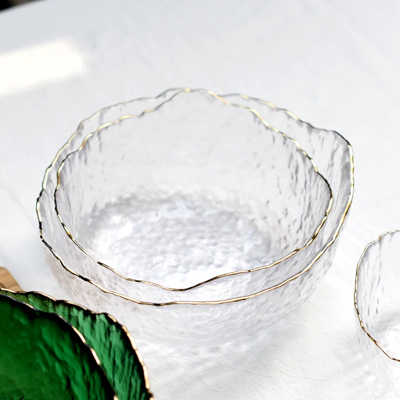 Glass Bowl Japanese Style Iceberg Glass Bowl with Glod Rim Transparent Salad Fruit Soup Dessert Snack Foods Mixing Bowl Tea Wash Large