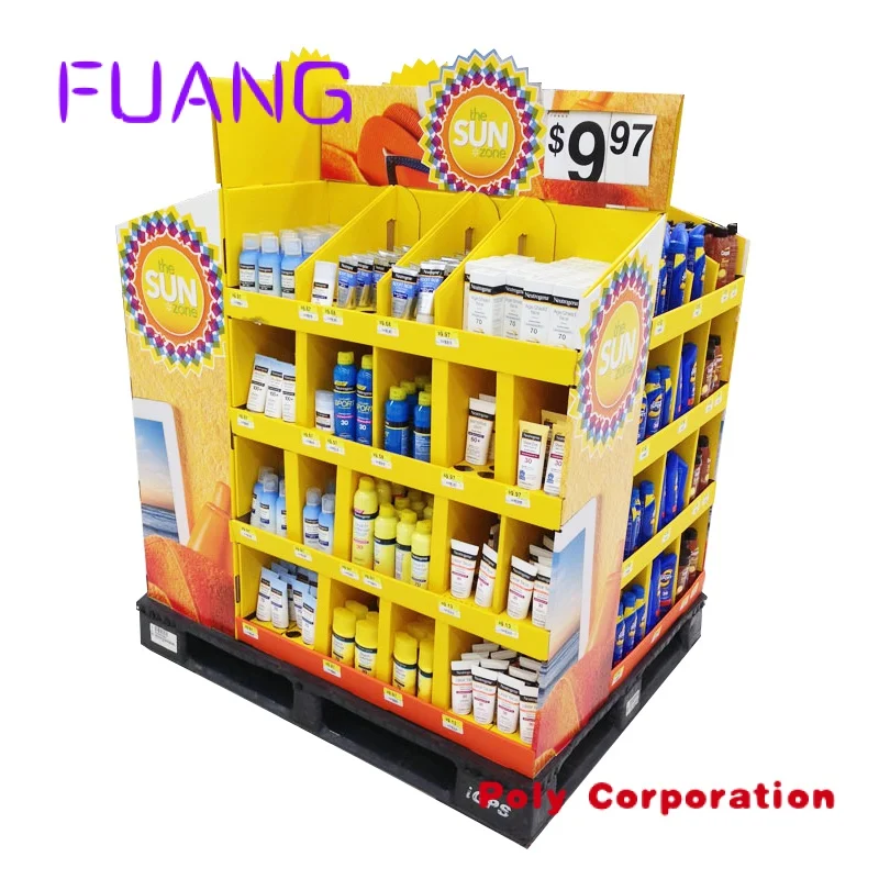 Custom  Retail corrugated floor shelf pallet trade show display stand store product shower beauty sun cream skincare display for