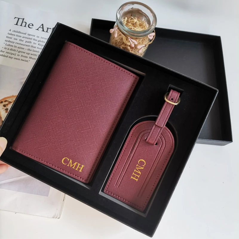 Saffiano Travel Duo: Minimalist Passport and Ticket Holder with Luggage Tag in Gift Box Set