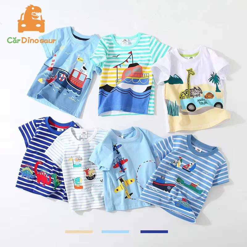 Children t shirt Boys blouse shirt 2-10 Children's Clothing Dinosaur Car Stripe Print Short Sleeve Cotton Basic Tops Kids Boy Cartoon T-Shirt
