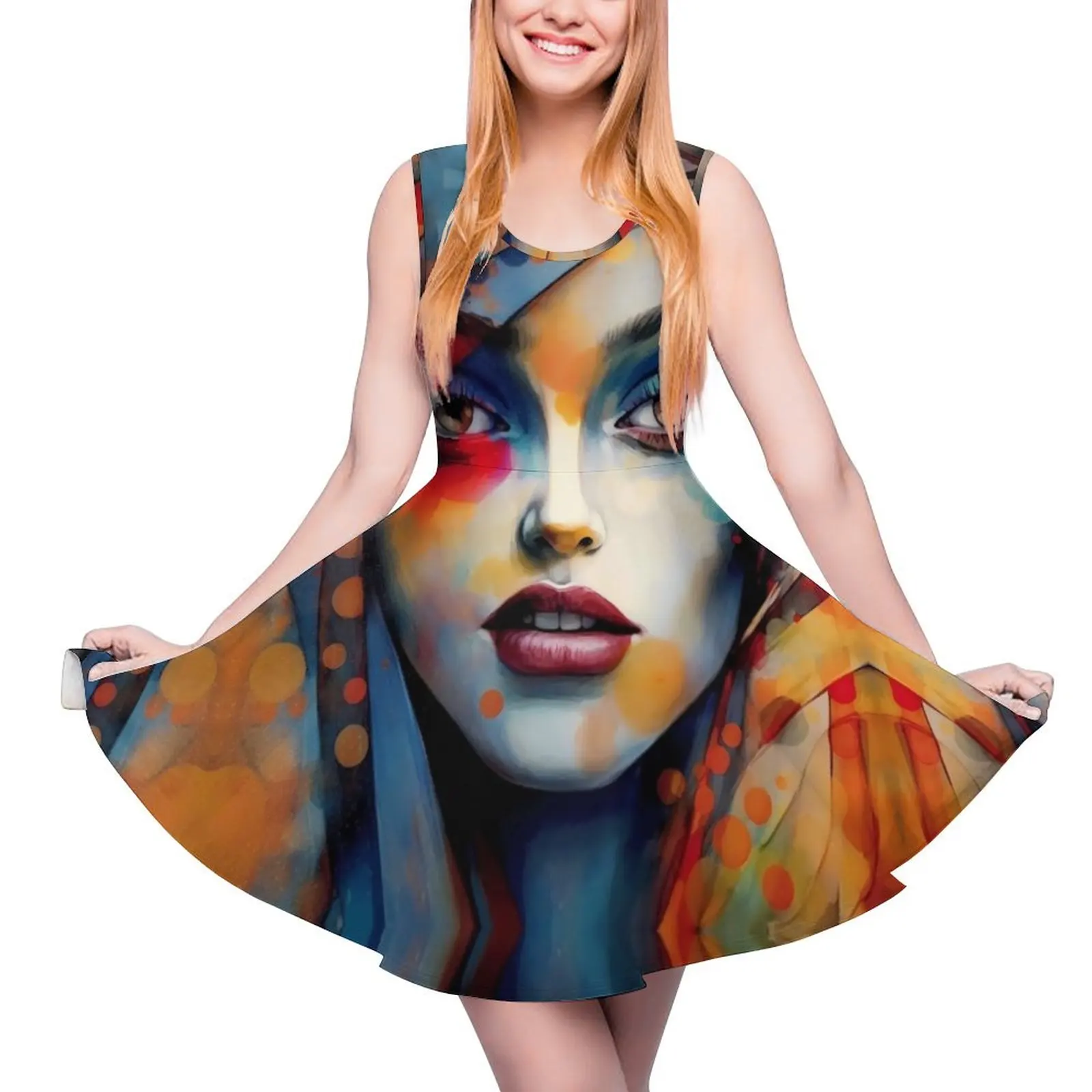 

Lady Face Dress Pop Art of A Woman Boho Dresses High Waist Street Style Big Size Skate Dress Ladies Graphic Vestido