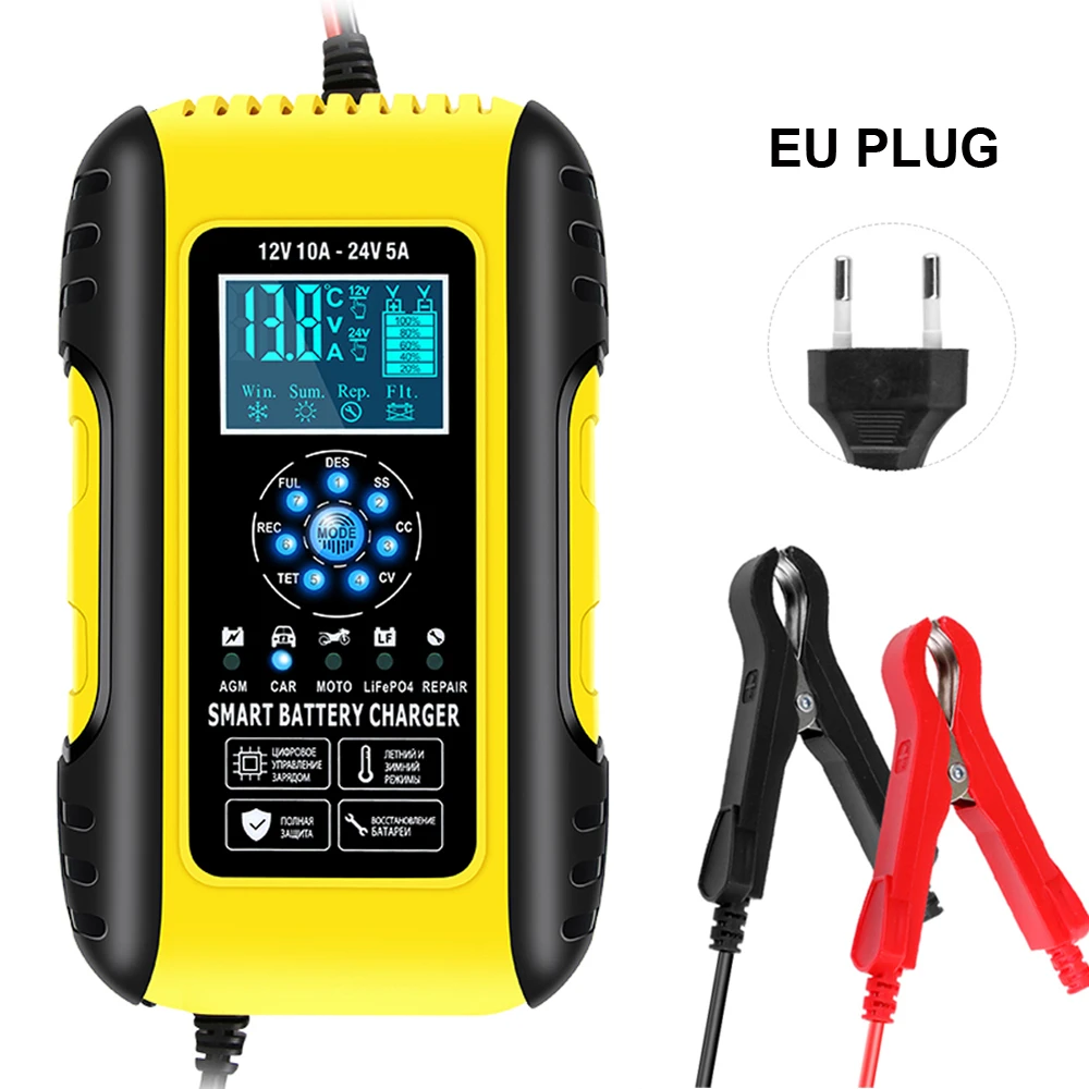 12V/24V Car Battery Charger 10A Touch Screen Pulse Repair LCD Charger for  Car Motorcycle Lead Acid Battery Agm Gel LiFePo4 Wet