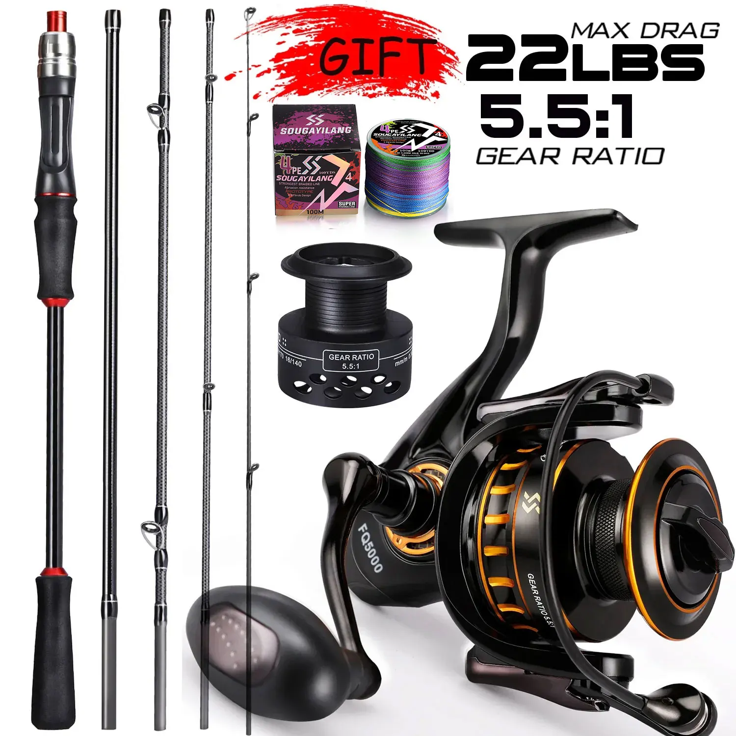 Sougayilang Fishing Rod Combo 1.8/2.1m Ultralight Carbon Fiber Spinning Rod and Reel Max Drag 10kg Carp Fishing Reel for Bass