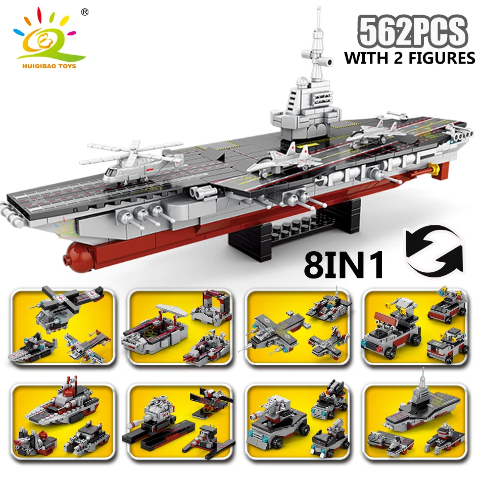 HUIQIBAO Military Ship Building Blocks 8IN1 Aircraft Cruiser 562PCS, Army Weapon Warship Truck Bricks City Toy for Children Gift - Image 2
