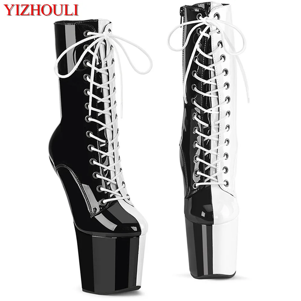 

No heel 20cm fun hate sky high pole dancing heels, lace-up patchwork color waterproof platform nightclub catwalk dance shoes