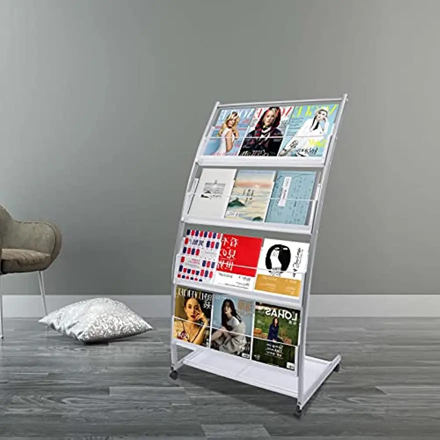 

Floor-Standing Magazine Rack, Brochure Display Stand with 4 Pockets for Trade Show Exhibitions Office Retail Store with casters