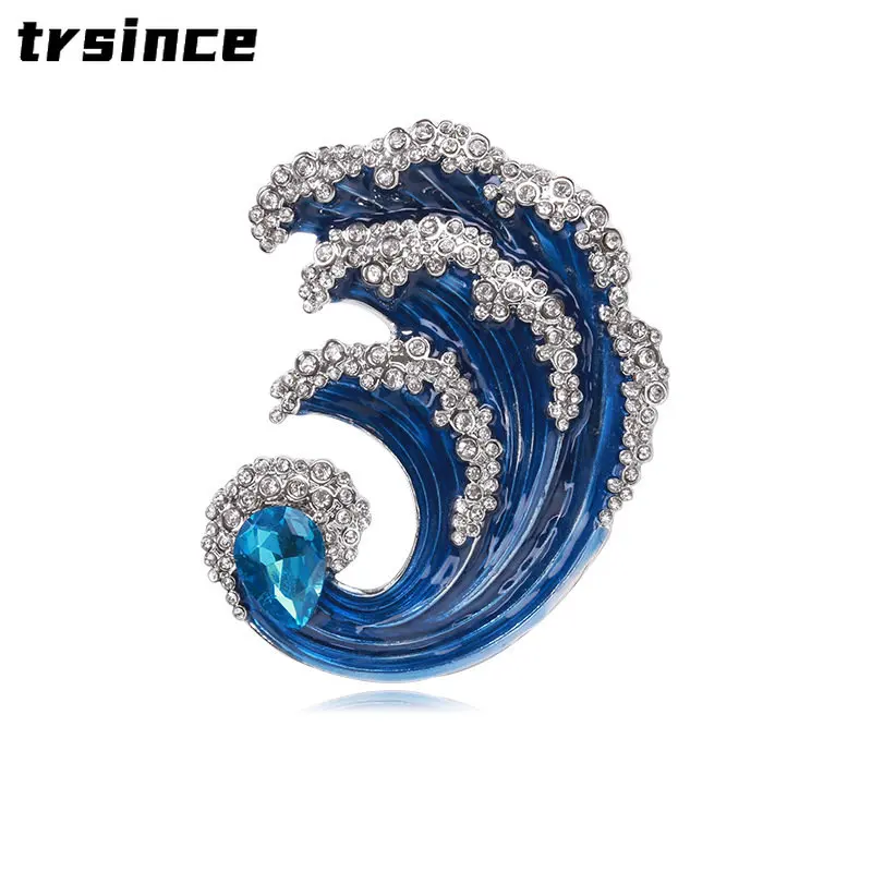 Blue Crystal Wave Brooches Fashion Rhinestone Pins for Women Beautiful  Corsage Scarf Buckle Enamel Jewelry Suit Office Badges