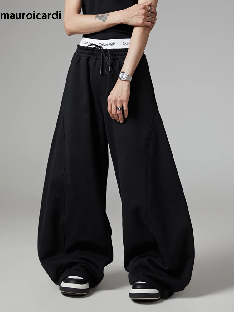 Mauroicardi Autumn Black Flowy Baggy Wide Leg Pants for Mens with Drawstring Elastic Waist Streetwear Loose Casual Soft Trousers 2
