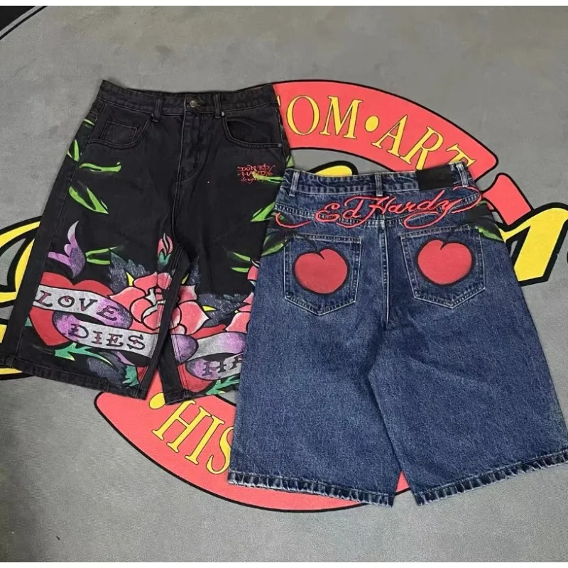 Harajuku style American loose printed denim shorts street heavy fashion retro casual trendy street skateboard shorts hot sale