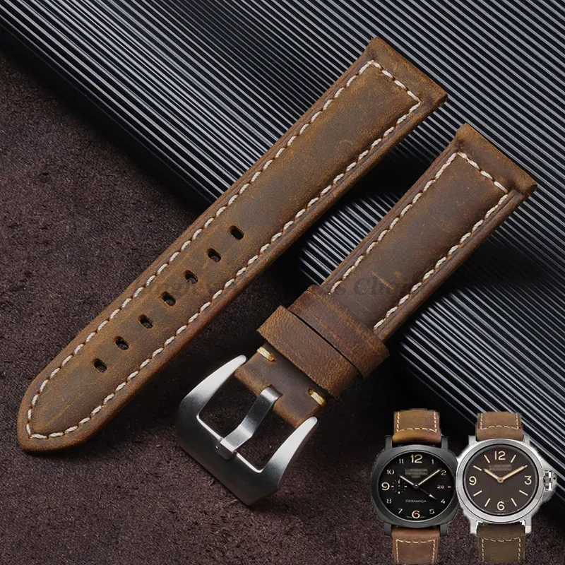 파네라이 밴드용 정품 가죽 시계 스트랩, PAM111/441/312 말 소가죽 벨트, 카시오, 20mm, 22mm, 24mm, 26mm