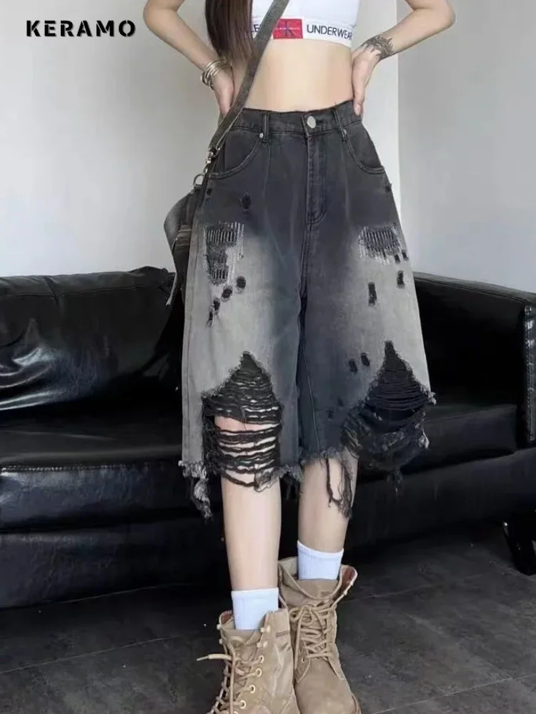 

American Vintage Female Baggy Y2K Wide Leg Grunge Washed Denim Shorts Women's Retro Ripped Casual 2000s High Waist Short Jeans
