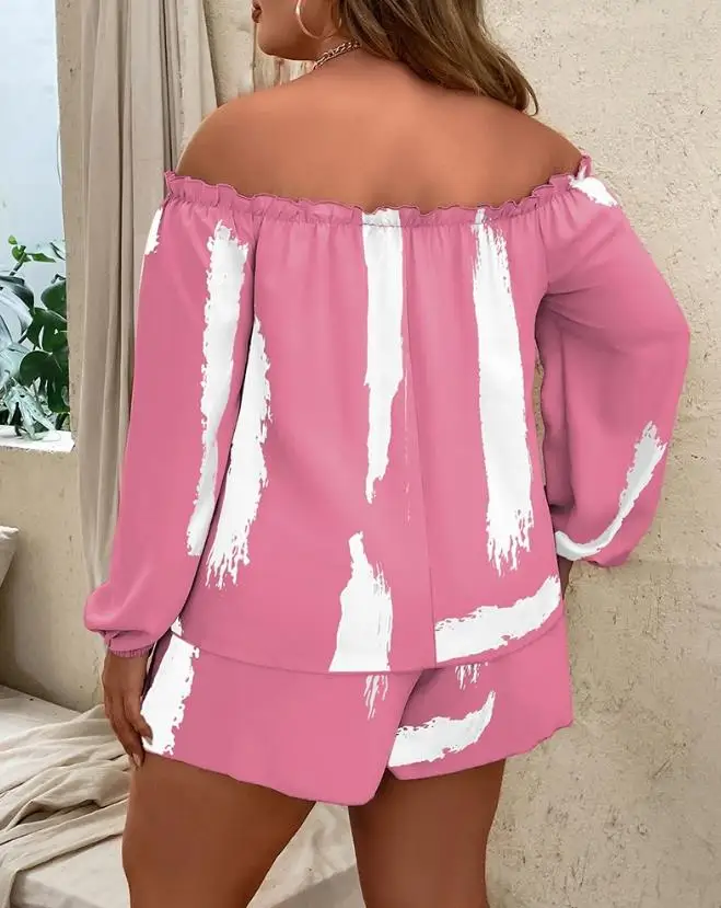 여성용 투피스 세트, 타이 다이 프린트 오프 숄더, 루즈 탑 및 드로스트링 캐주얼 데일리 반바지 세트, 2024 용수철 패션