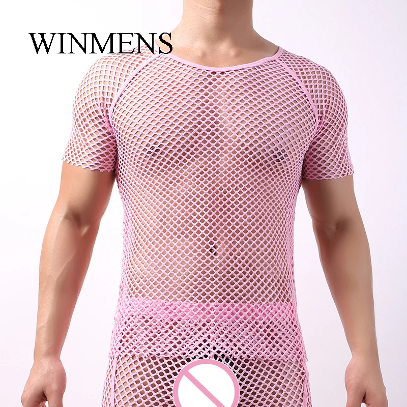 Men's See Through Large-mesh Undershirts Solid Cut-outs Super Stretch Short Sleeves Tops Gay Sissy Sexy Fishnet Base Shirts