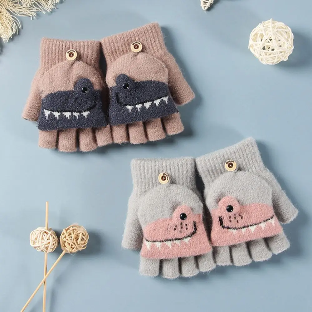 Mittens Winter Wool Knitted Gloves Faux Fur Thick Warm Cartoon Baby Boys Girls Gloves For 5-12 Years Children
