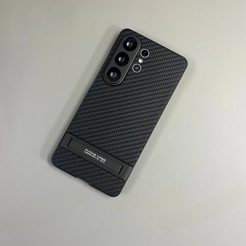 Business Lichee Leather Matte Phone Case with Invisible Stand and Plating Finish