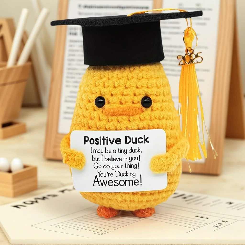 Funny Positive Energy Duck Handmade Plush Wool With Card graduation gift Cute Knitted Doll Duck Ornament Home Room Decoration