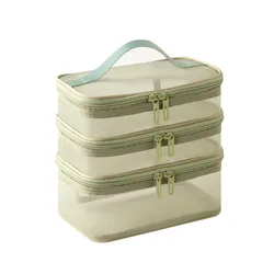 Multi - Layer Mesh Cosmetic Bag with Zipper - Large Capacity Makeup Organizer (Green - 3 Layers)