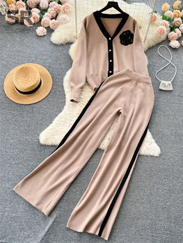 SINGREINY OL Floral Two Piece Knit Set Women Long Sleeve Fashion Cardigan Elastic Waist Casual Winter Sweater Long Pants Suit 3