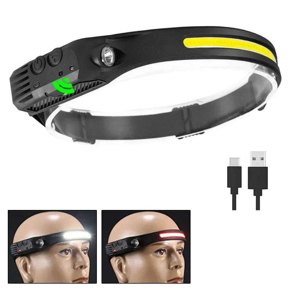 Налобний ліхтар COB LED з індукційним датчиком, USB-перезаряджуваний, для кемпінгу, риболовлі та використання на відкритому повітрі.