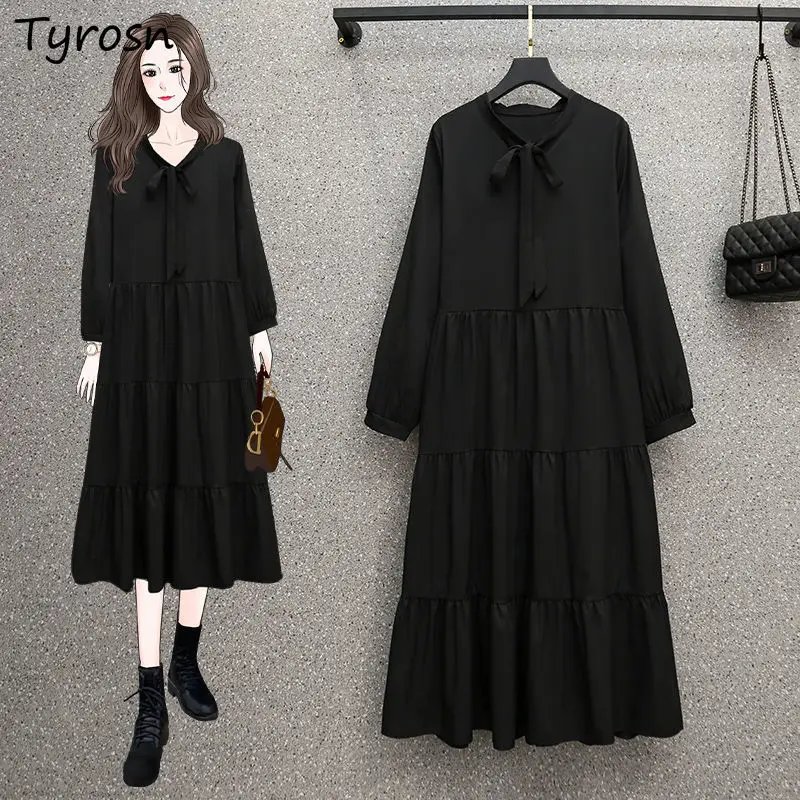 

Long Sleeve Black Dress Women Spring Pleated Elegant Fashion Midi Simple Solid 4XL Loose Bow Fashionable Clothing