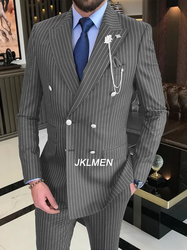 2 Pieces 2024 Men's Suit  Striped Suit Double Breasted Suits For Wedding Groom Groomsmen High-End Business Casual Clothing 4