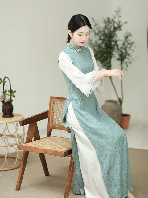 2024 Vietnam Ao Dai Cheongsam Traditional Oriental Dress Set Improved  Vietnam Aodai Qipao Wide Leg Pants Two Piece Suit - AliExpress