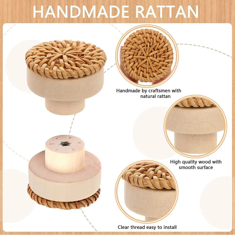 Solid Wooden Door handle Circular Small Rattan weaving Single hole Cabinet Wardrobe Shoe drawer Pulls Knobs For Furniture 2pcs door handles cabinet handles