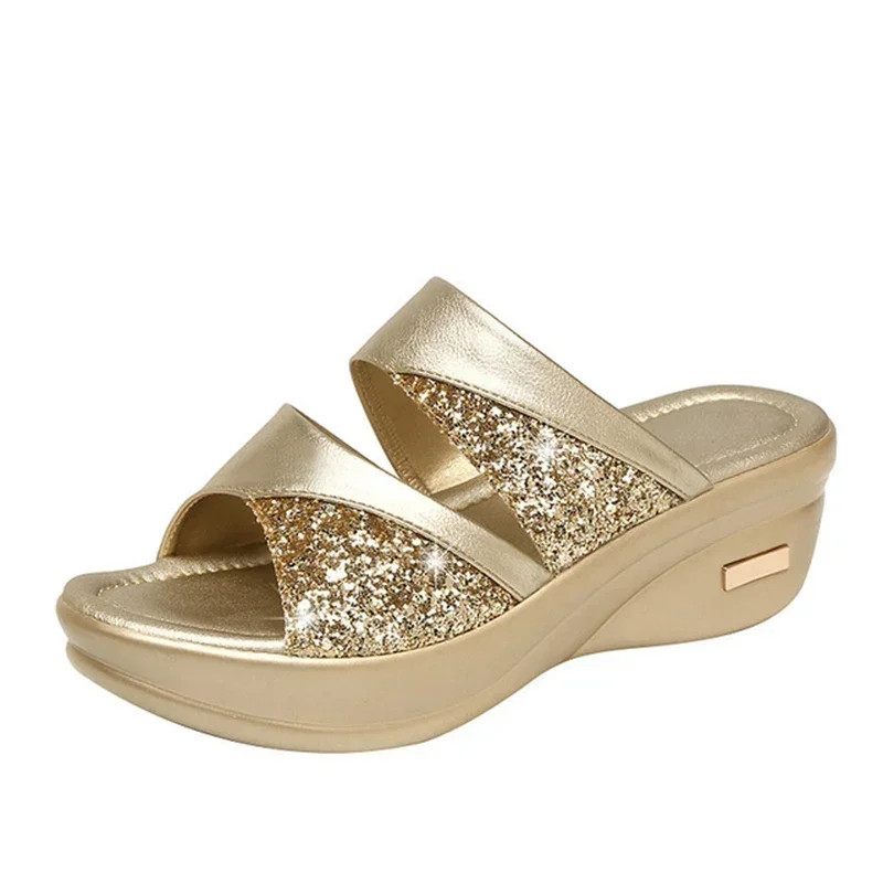 Women Summer Slippers Glitter PU Wedges Casual Slingbacks Sandals Comfortable Platform
