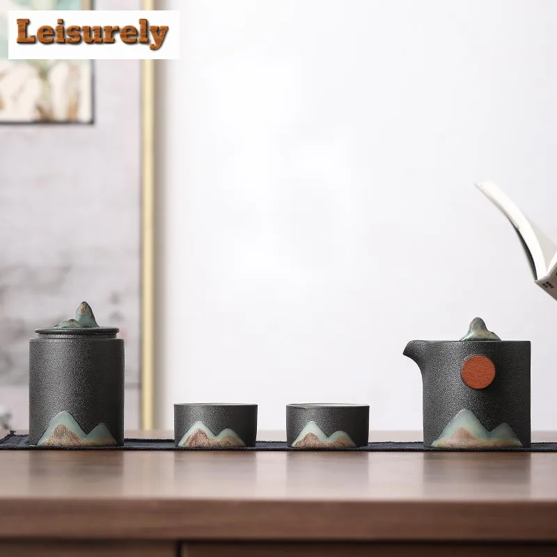 Japanese Hand-painted Mountain Tea Set Kit Vintage Coarse Pottery Set of Cups Teapot and Cups Tea Making Outdoor Portable Bags