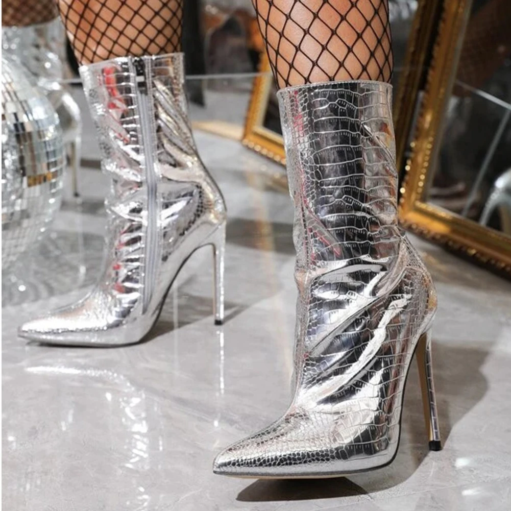 

RIBETRINI 2023 Brand New High Heeled Women Ankle Boots Pointed Toed Chelsea Zip Bling Pleated Spring Autumn Fashion Booties