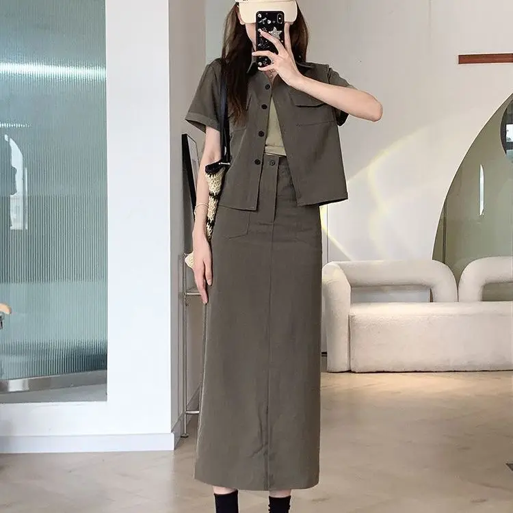 2024 Summer New Korean Women's Set Polo Neck Short sleeved Jacket+High Waist Split Skirt Two Piece Set
