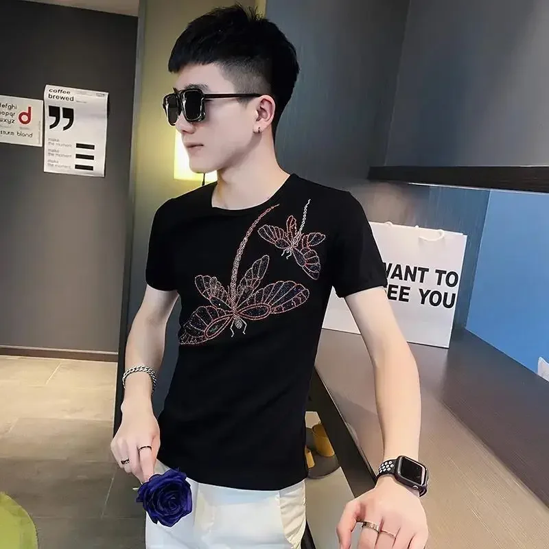 

Male Tee Shirts Graphic Clothes Slim Fit Top O Neck Streetwear Skinny Men's T-shirt Rhinestones High Quality Music Fashion Hot