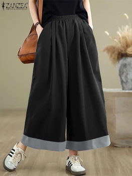 ZANZEA Pantaloni in denim casual Donna Elastico in vita Pantaloni lunghi a gamba larga Tasche Abbigliamento da lavoro Moda Pantaloni patchwork larghi Estate 1