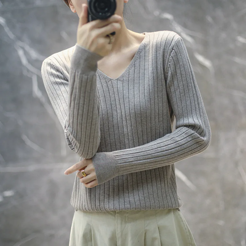 cropped cardigan Womens Sweater Long Sleeve V-neck Pullover Solid Bottoming Shirts Autumn Winter Knitted Tops Stripe Grey Blue Female Jumpers Sweaters Sweaters