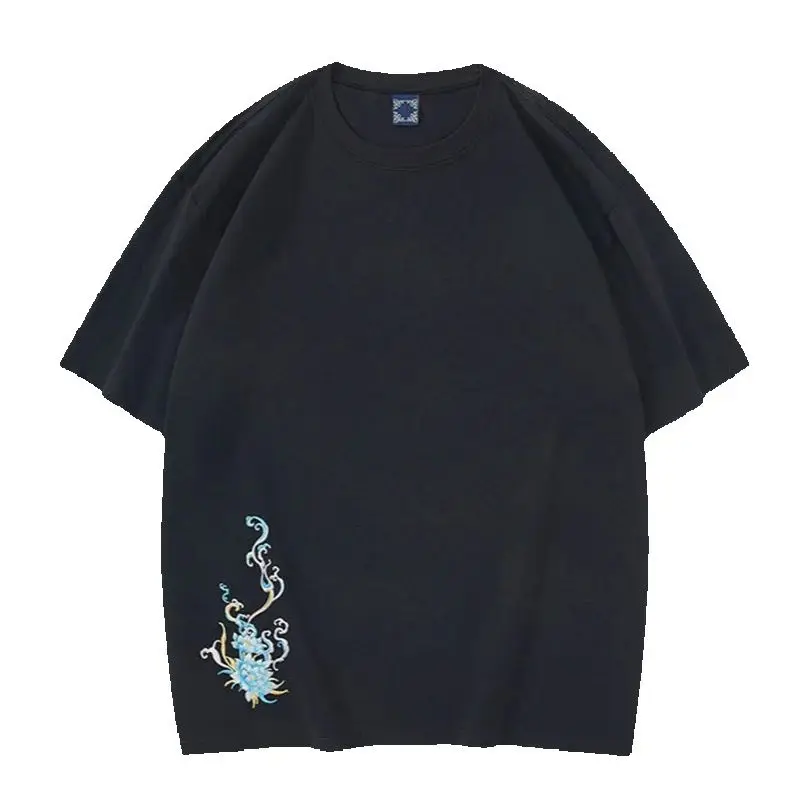 Herren-T-Shirt aus schwerer Baumwolle mit Kirin-Stickerei, locker geschnitten, Übergröße, chinesischer Stil, Kurzarm, Rundhals, lässig, trendig, für Männer A1 – Detail 6