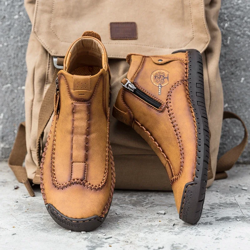 Men Leather Outdoor Ankle Boots Work Handmade Metal Zipper
