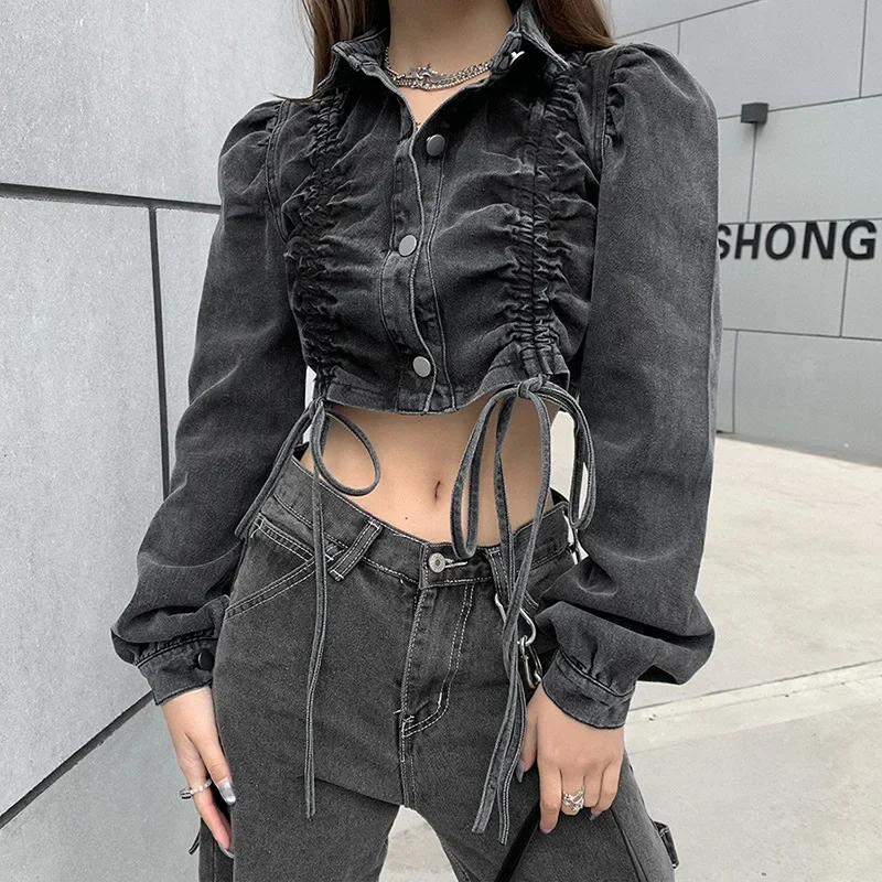 Women Black Pleated Button Jeans Jacket Spring 2024 Autumn High Street Dark Academia Drawstring Fashion Denim Mujer Jacket Tops